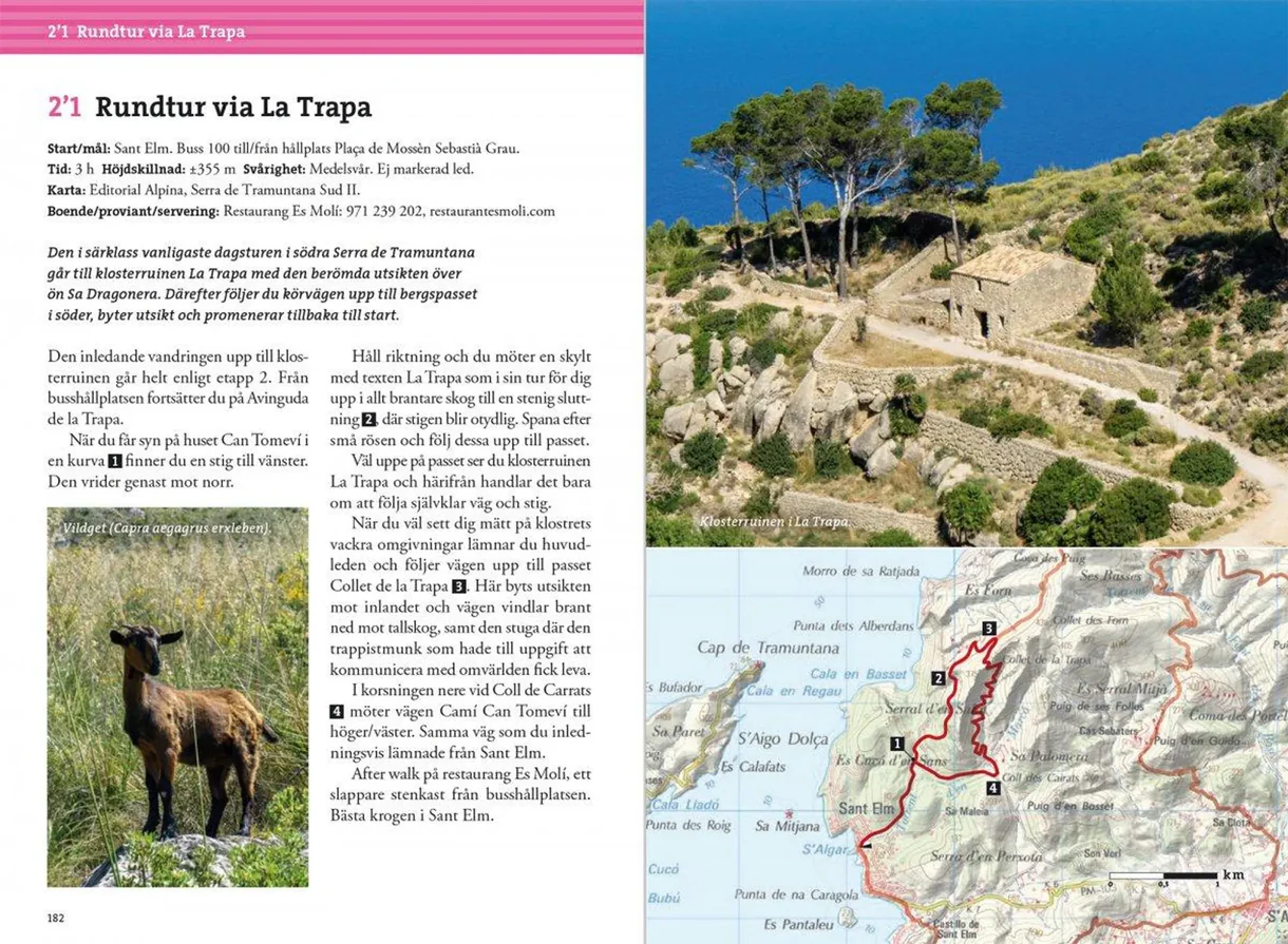 Oppslag fra Vandra i bergen på Mallorca med kart, turbeskrivelser og fotografier