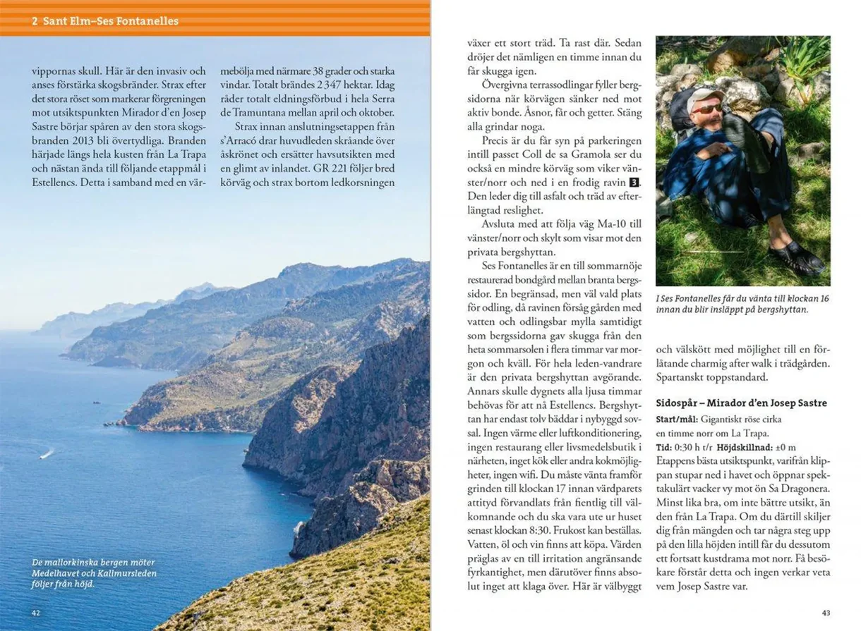 Oppslag fra Vandra i bergen på Mallorca med kart, turbeskrivelser og fotografier