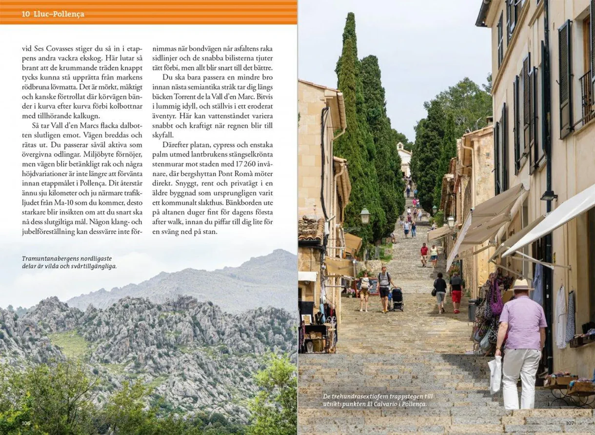 Oppslag fra Vandra i bergen på Mallorca med kart, turbeskrivelser og fotografier