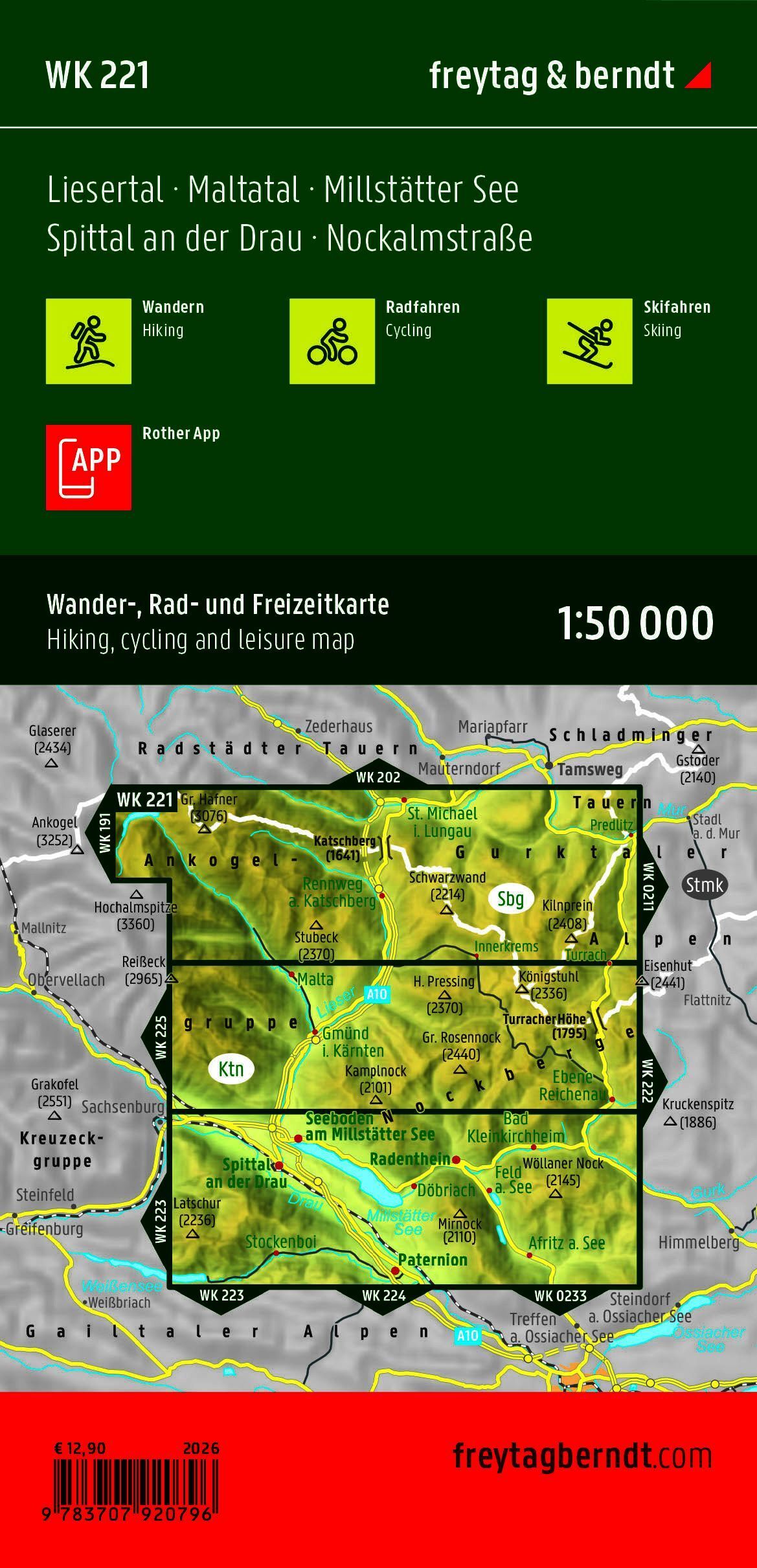 Baksiden av Freytag & Berndt WK 221 med kartutsnitt og informasjon om Liesertal, Maltatal, Millstätter See og Nockberge i Østerrike.