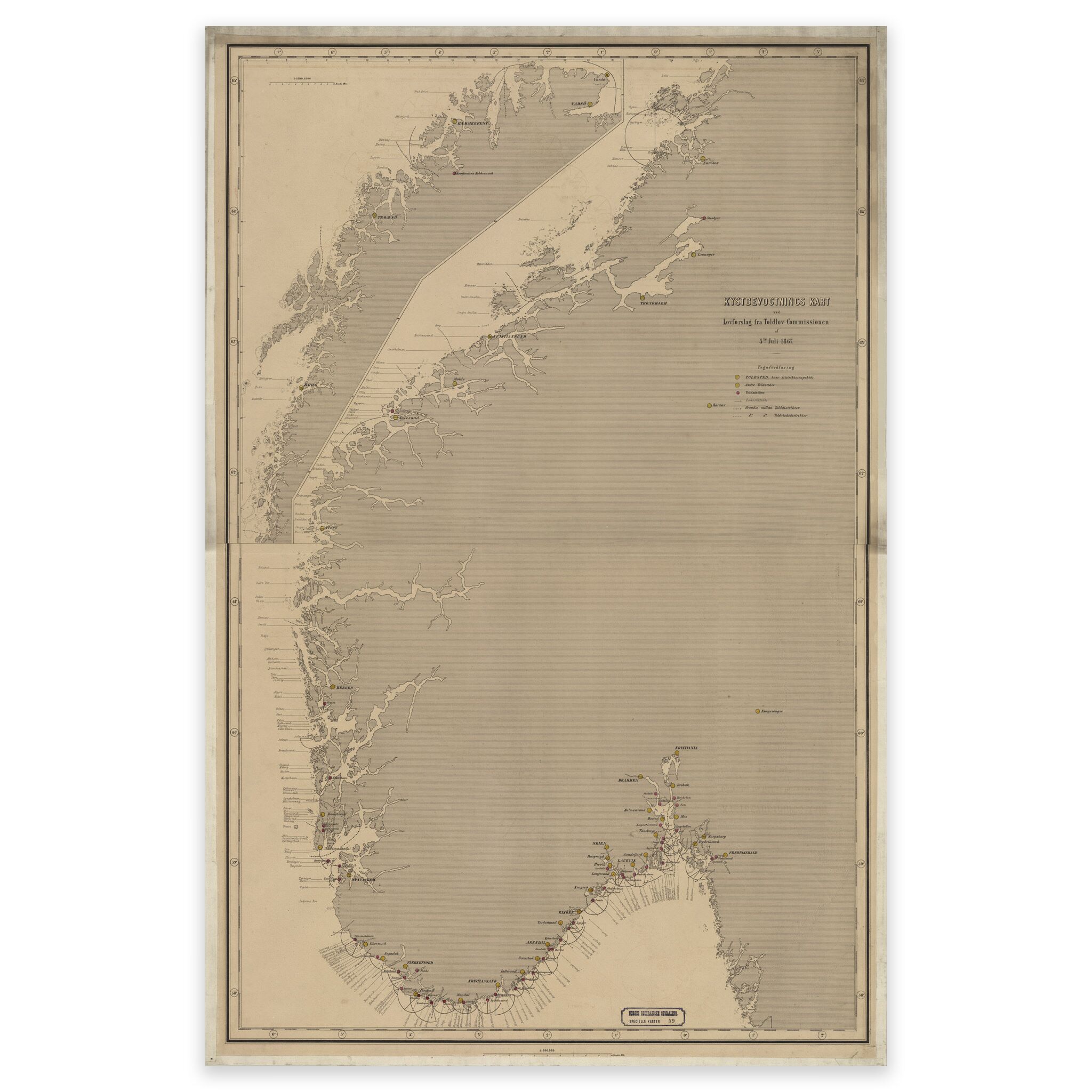 Kart over Tollstasjoner langs kysten 1867
