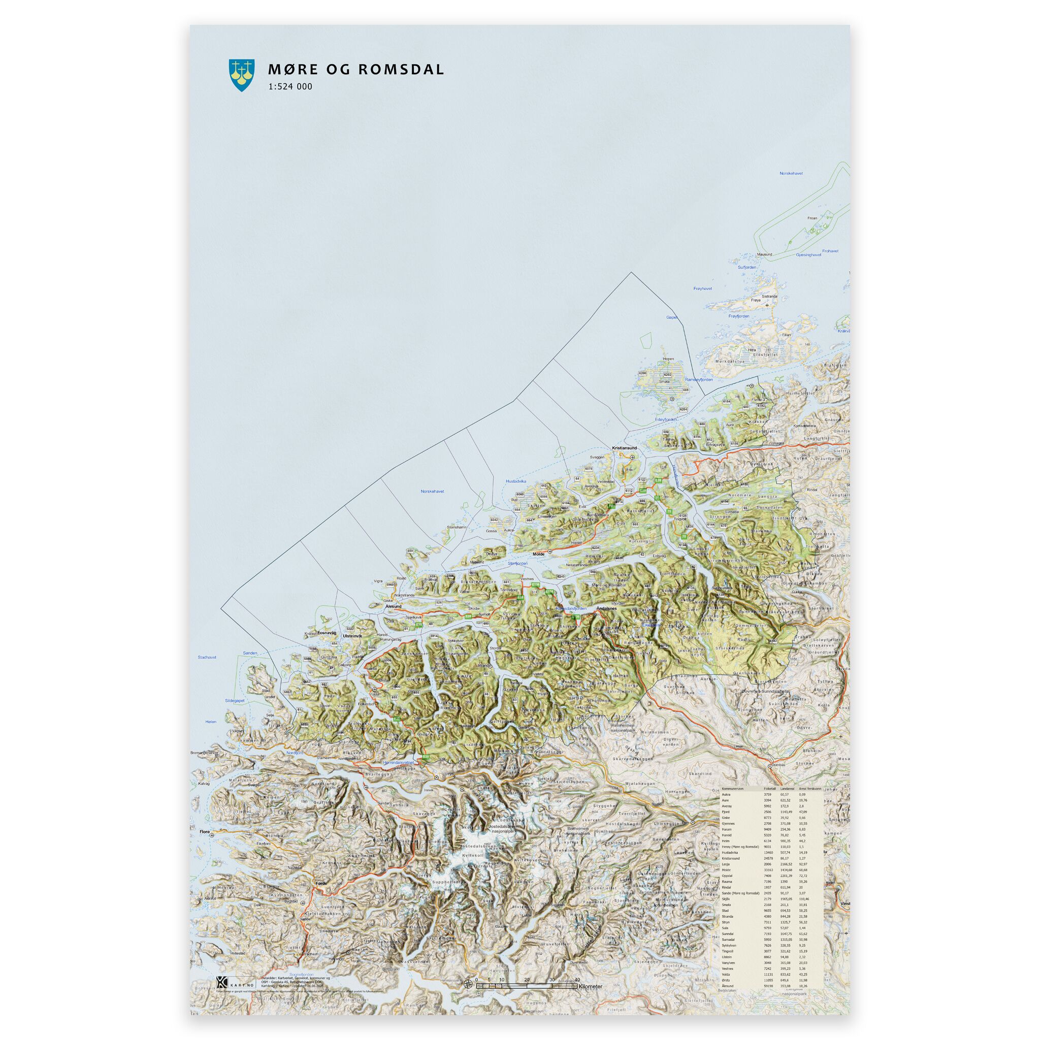 Kart over Møre og Romsdal i størrelse 50x75 cm med kommuner og oppdaterte grenser – tilgjengelig som plakat, på plate eller ferdig innrammet.