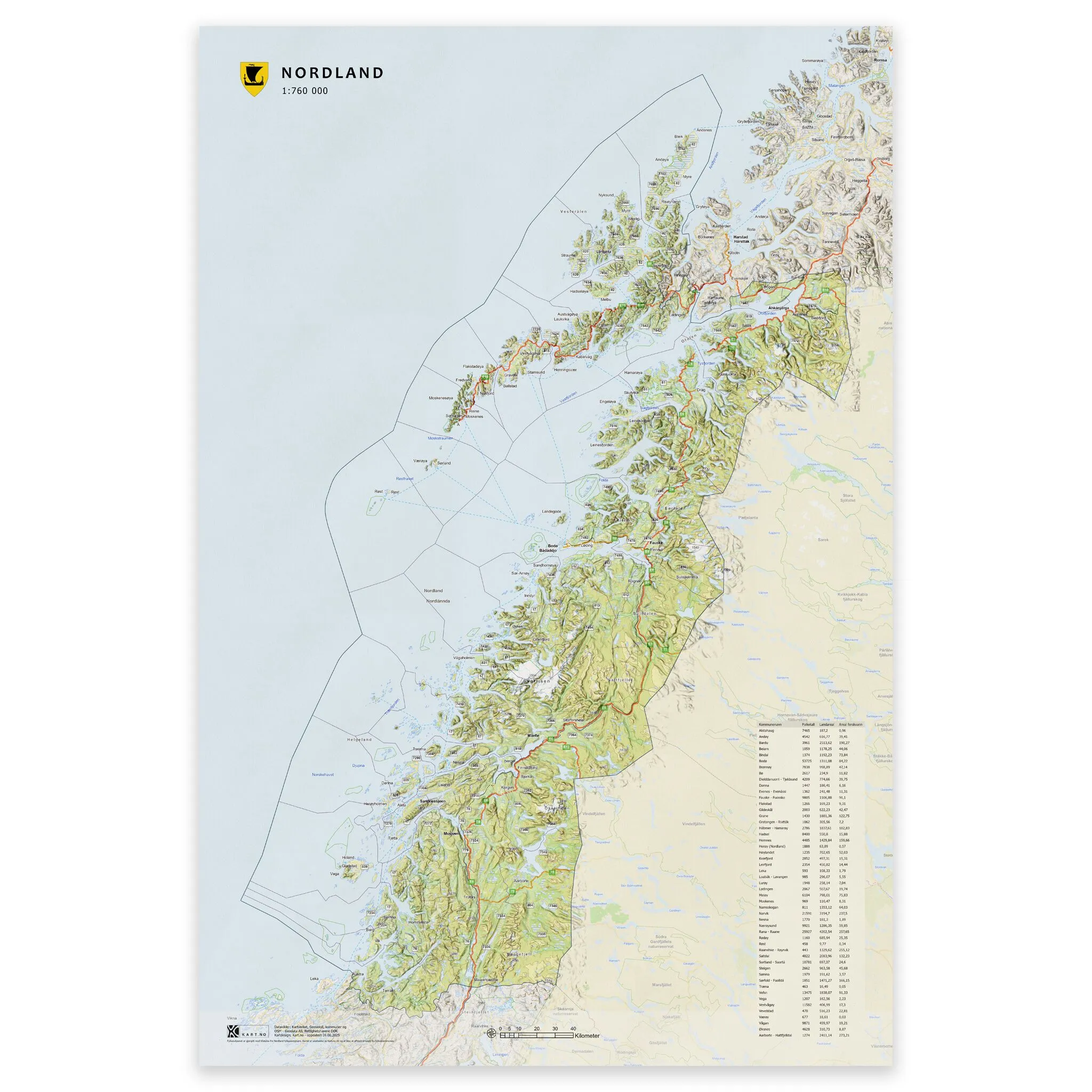 Kart over Nordland i størrelse 50x75 cm – tilgjengelig som plakat, på plate eller ferdig innrammet.