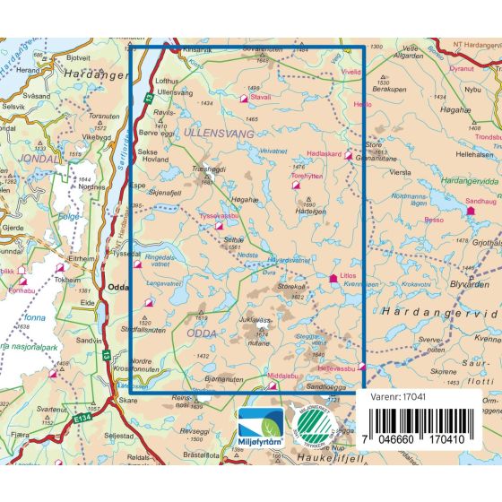 Kartutsnitt som viser dekningsområdet for Hardangervidda Vest Turkart Pro
