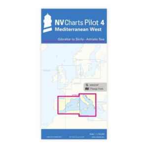 Mockup av NV Charts Pilot 4 planleggingskart for vestlige Middelhavet (Gibraltar til Sicilia & Adriaterhavet)