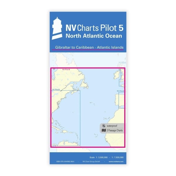Mockup av NV Charts Pilot 5 planleggingskart for Atlanterhavet fra Gibraltar til Karibia