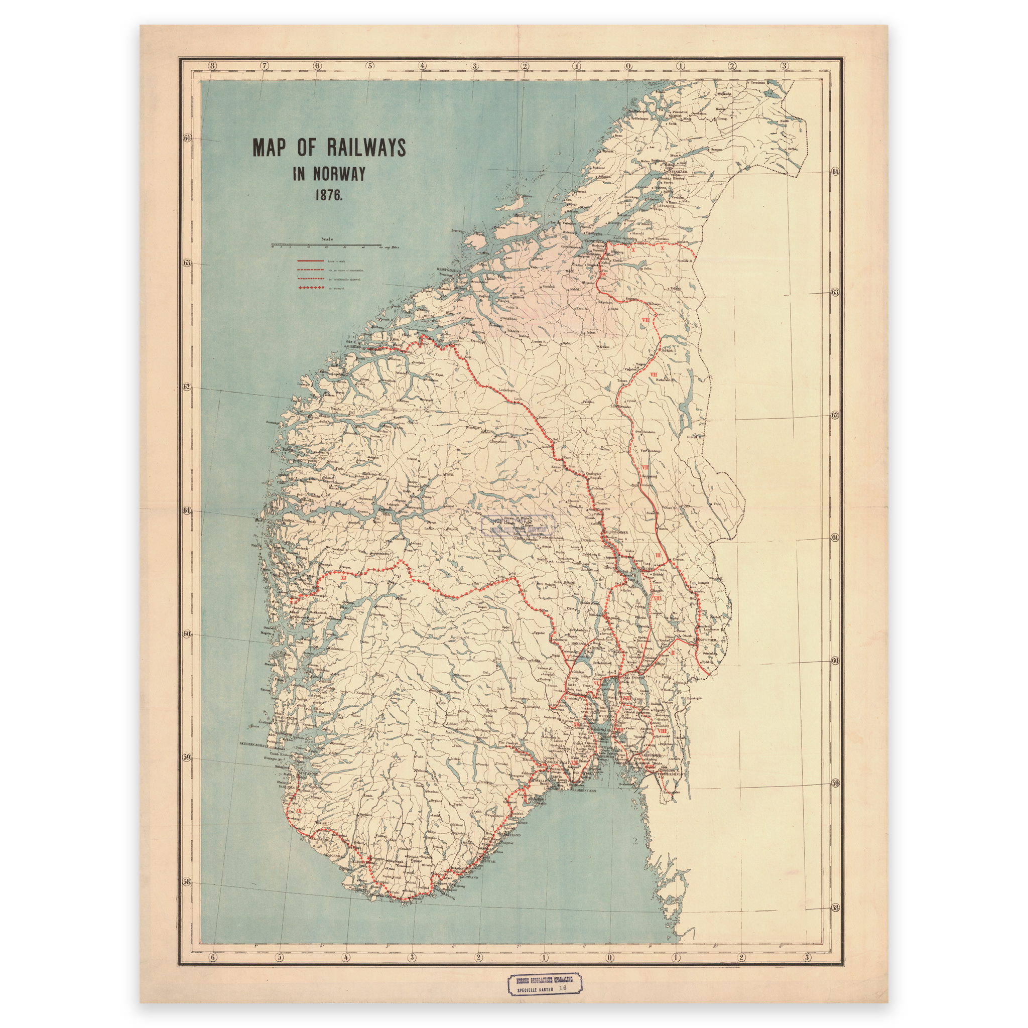 Jernbanestrekninger I Norge 1876 Kart Jernbanestrekninger I Norge 1876 Kart