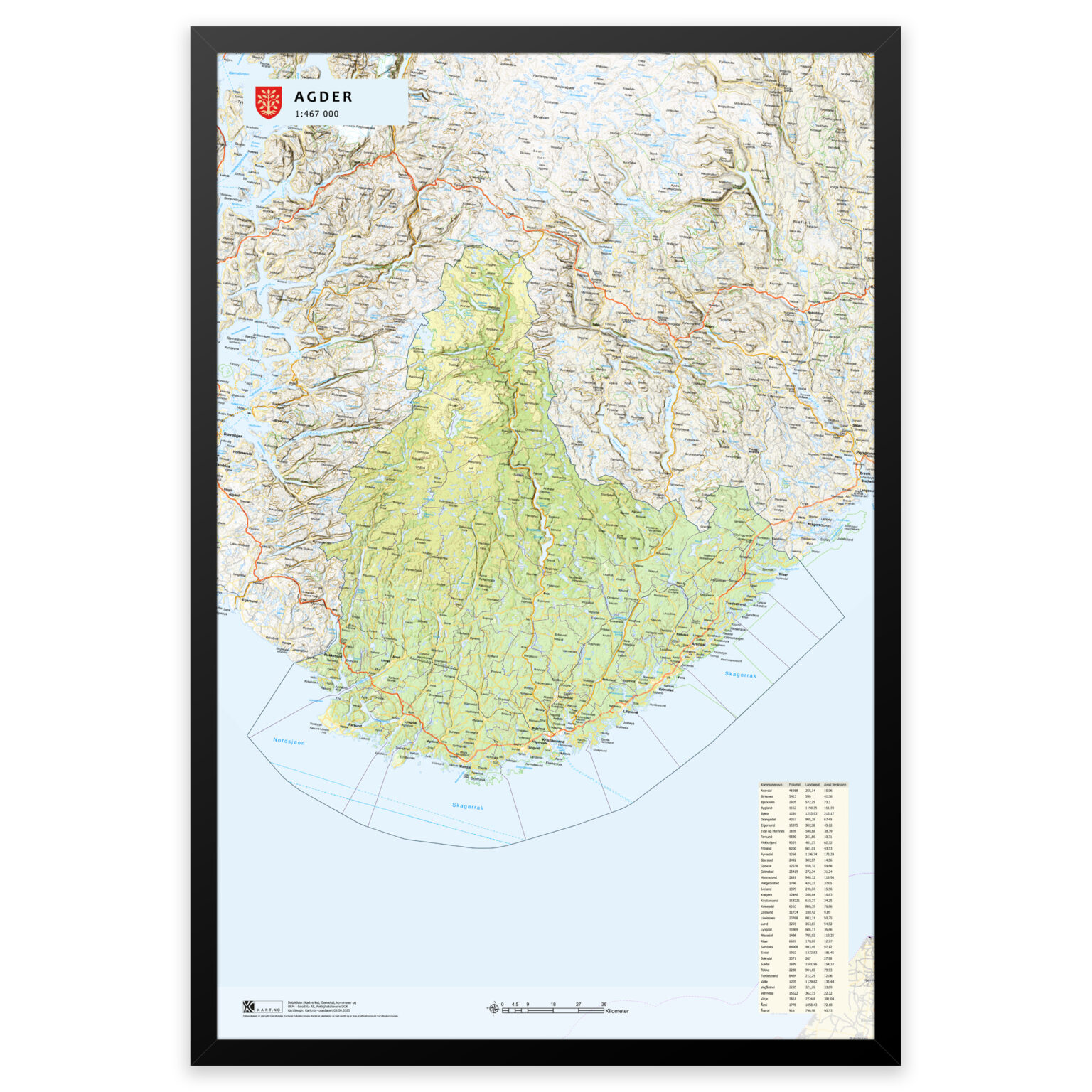 Kart over Agder med kommuner | Plakat, plate eller innrammet