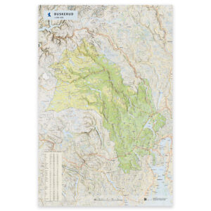 Kart over Buskerud i størrelse 50x75 cm – tilgjengelig som plakat, på plate eller ferdig innrammet.