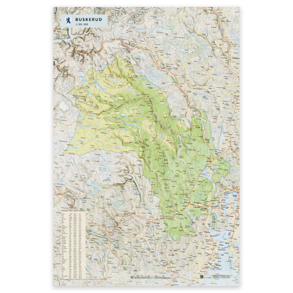 Kart over Buskerud i størrelse 50x75 cm – tilgjengelig som plakat, på plate eller ferdig innrammet.
