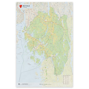Kart over Østfold i størrelse 50x75 cm med kommuner og oppdaterte grenser – tilgjengelig som plakat, på plate eller ferdig innrammet.