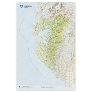 Kart over Rogaland i størrelse 50x75 cm med kommuner og fylkesgrenser – tilgjengelig som plakat, på plate eller ferdig innrammet.