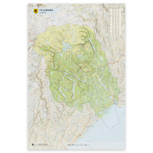 Kart over Telemark i størrelse 50x75 cm med kommuner og oppdaterte grenser – tilgjengelig som plakat, på plate eller ferdig innrammet.