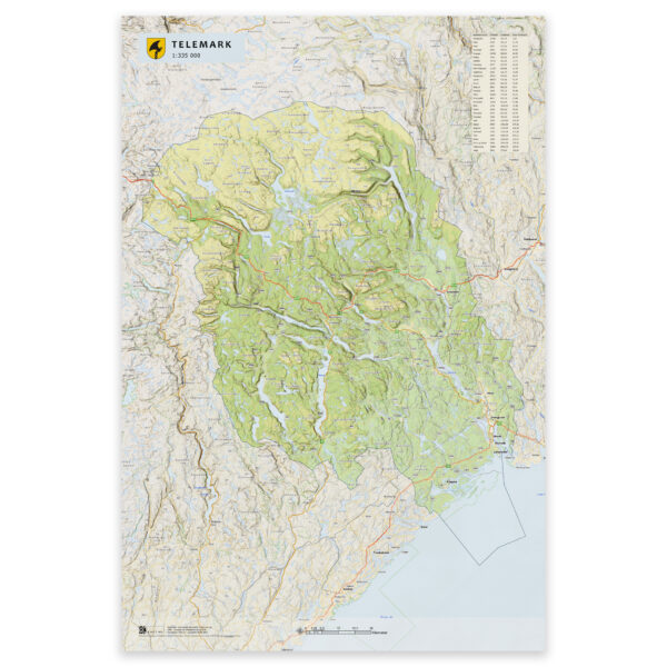 Kart over Telemark i størrelse 50x75 cm med kommuner og oppdaterte grenser – tilgjengelig som plakat, på plate eller ferdig innrammet.
