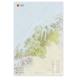 Kart over Troms i størrelse 50x75 cm med kommuner og oppdaterte grenser – tilgjengelig som plakat, på plate eller ferdig innrammet.