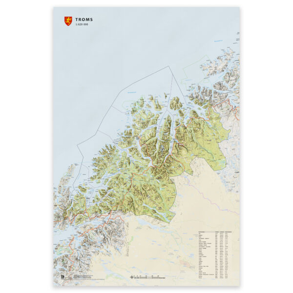 Kart over Troms i størrelse 50x75 cm med kommuner og oppdaterte grenser – tilgjengelig som plakat, på plate eller ferdig innrammet.