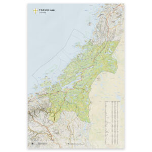 Kart over Trøndelag i størrelse 50x75 cm med kommuner og oppdaterte grenser – tilgjengelig som plakat, på plate eller ferdig innrammet.
