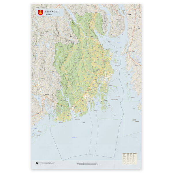 Kart over Vestfold i størrelse 50x75 cm med kommuner og oppdaterte grenser – tilgjengelig som plakat, på plate eller ferdig innrammet.