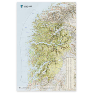 Kart over Vestland i størrelse 50x75 cm med kommuner og oppdaterte grenser – tilgjengelig som plakat, på plate eller ferdig innrammet.