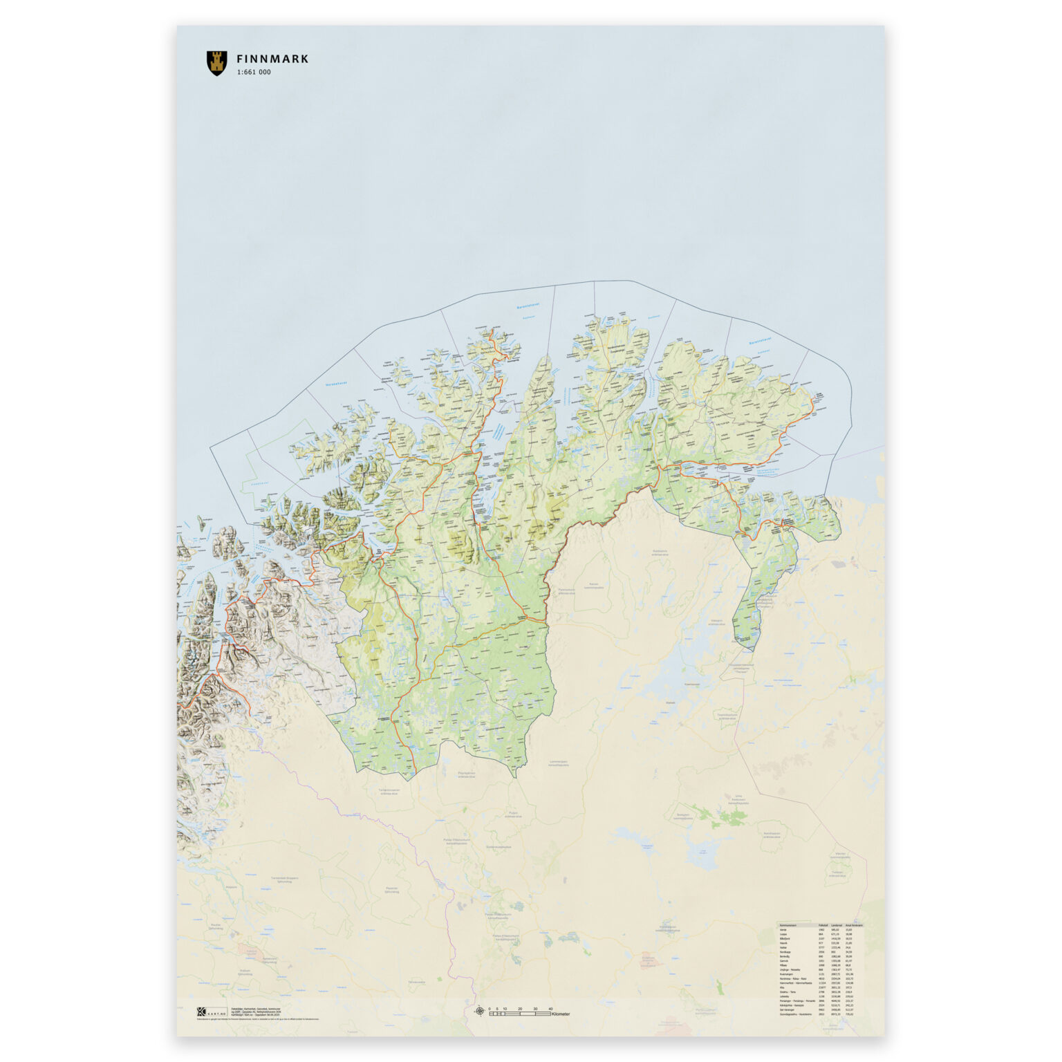 Kart over Finnmark fylke | Veggkart, plakat eller innrammet