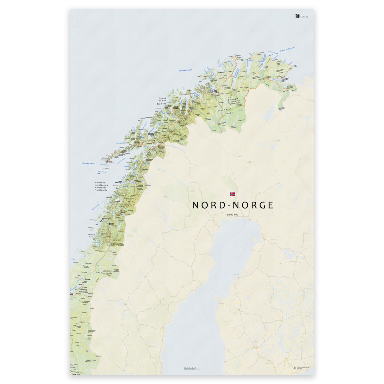 kart-over-nord-norge-med-fylker-og-byer-plakat-plate-eller-innrammet