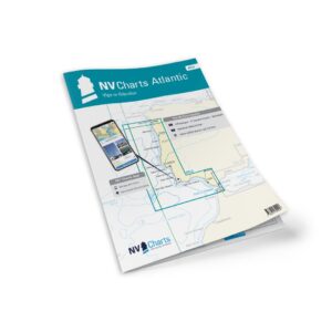 Mockup av NV Charts ATL2 sjøkart for Atlanterhavskysten fra Vigo til Gibraltar, kombi papir og digital