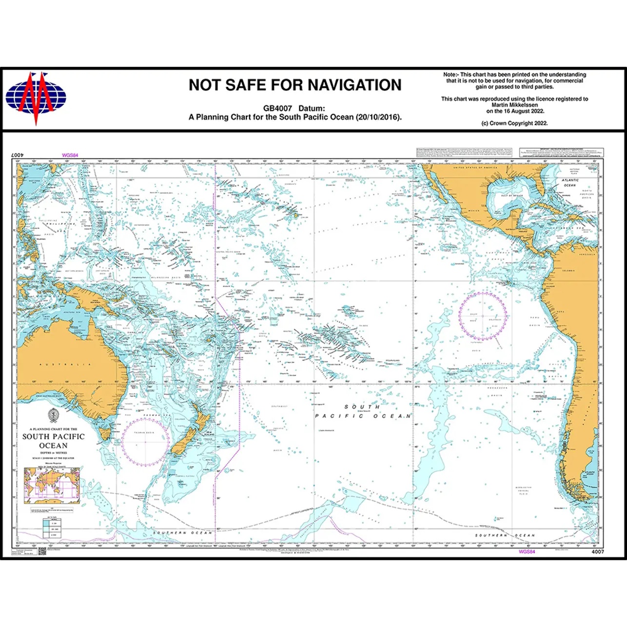 British Admiralty Chart 4007 South Pacific Ocean Planning Chart