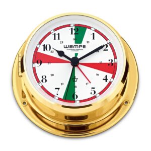 Wempe Skiff Radio Room Ship’s Clock 110mm polert messing hvit urskive radio sektorer quartz.