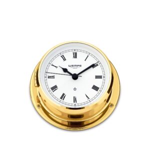 Wempe Skiff Ship’s Clock 110mm polert messing med romertall hvit urskive quartz.