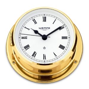 Wempe Skiff Ship’s Clock 110mm polert messing med romertall hvit urskive quartz.