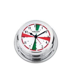Wempe Skiff Radio Room Ship’s Clock 110 mm krom-belagt messing hvit urskive quartz sektorindikasjon.