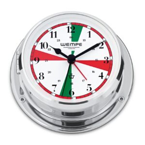Wempe Skiff Radio Room Ship’s Clock 110 mm krom-belagt messing hvit urskive quartz sektorindikasjon.