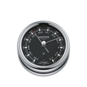 Wempe Pilot III barometer 100 mm polert rustfritt stål med svart urskive og hvite luminova markører.