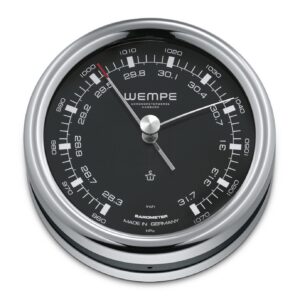 Wempe Pilot III barometer 100 mm polert rustfritt stål med svart urskive og hvite luminova markører.