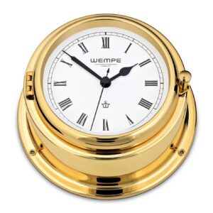 Wempe Bremen II Ship’s Clock 150mm polert messing hvit urskive quartz veggklokke.