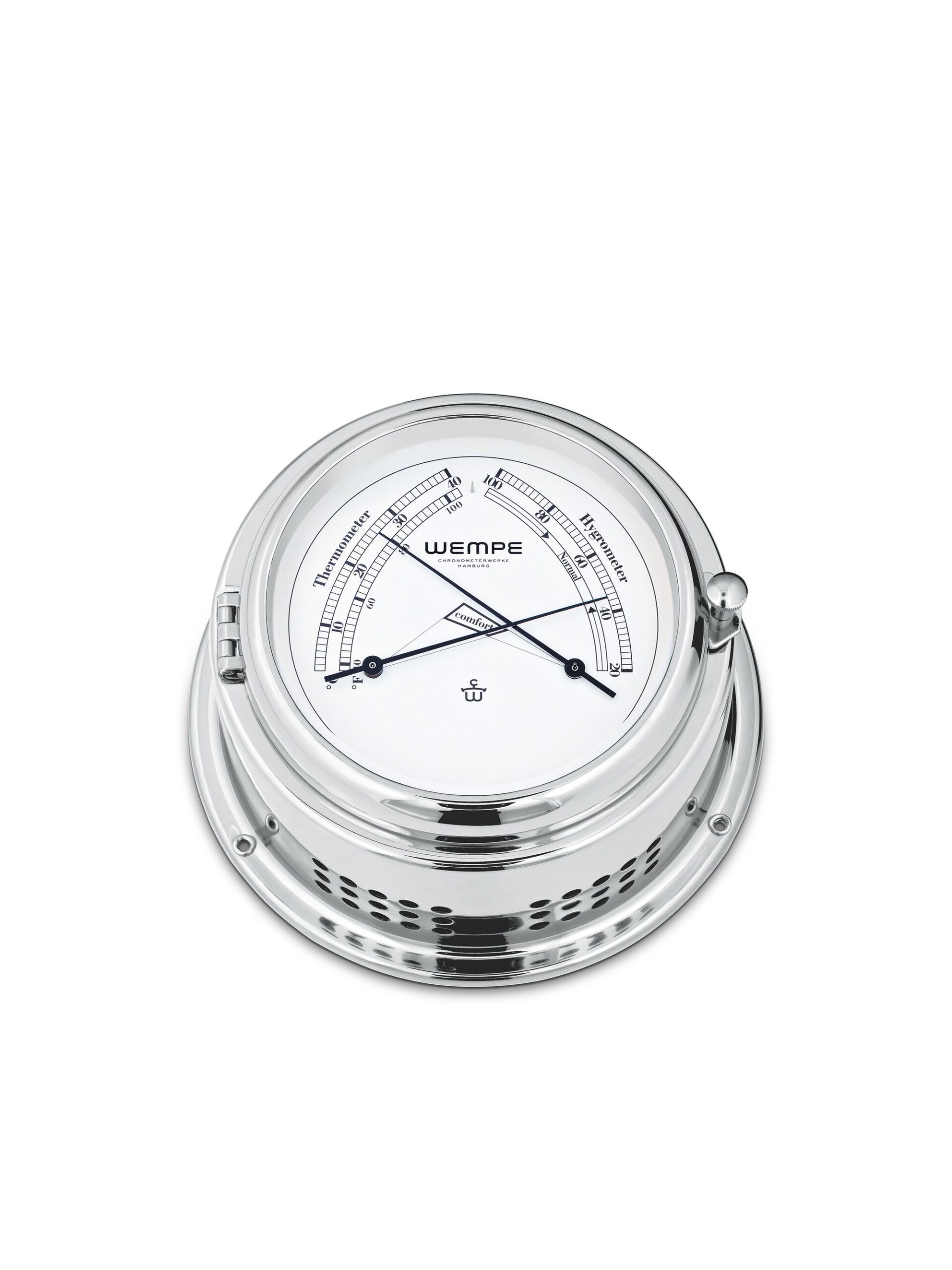 Wempe Bremen II Comfortmeter krom-belagt messing luftfuktighet temperatur maritim instrument.