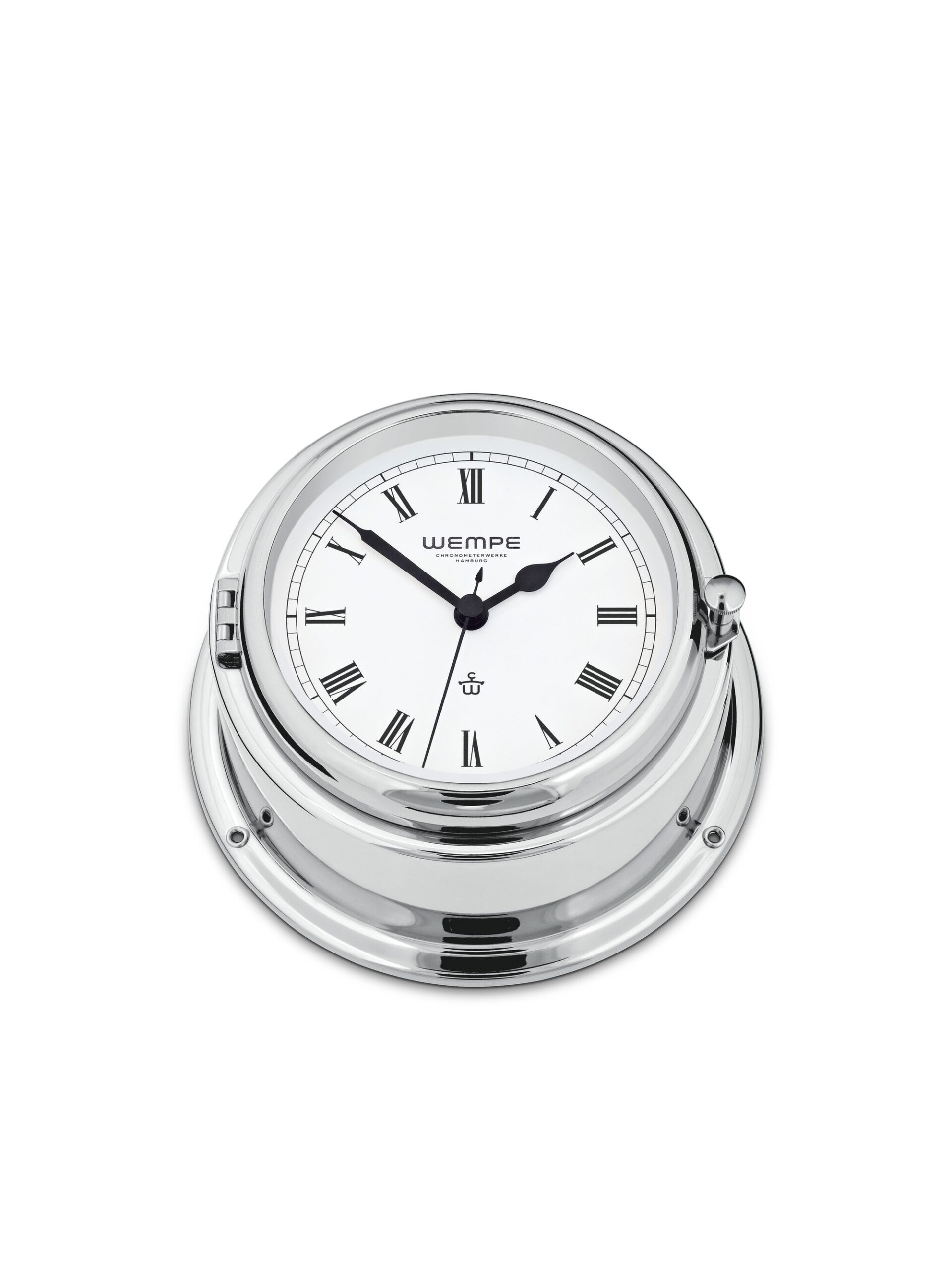 Wempe Bremen II Ship’s Clock krom-belagt messing hvit urskive quartz maritim klokke.