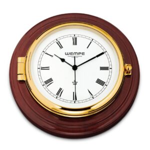 Wempe Skipper Ship’s Clock 210mm messing mahogni treplate hvit urskive romertall quartz.