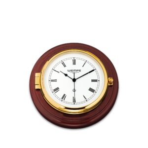 Wempe Skipper Ship’s Clock messing mahogni-treplate hvit urskive roman tall quartz.