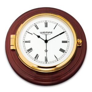 Wempe Skipper Ship’s Clock messing mahogni-treplate hvit urskive roman tall quartz.