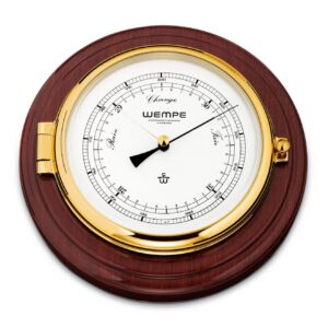 Wempe Skipper barometer 210mm messing mahogni treplate hvit urskive mekanisk aneroid.