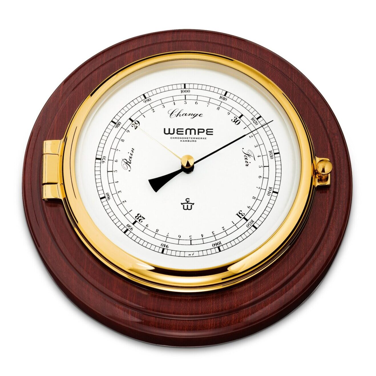 Wempe Skipper barometer 210mm brass mahogany wood plate white dial mechanical aneroid.