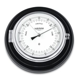 Wempe Skipper barometer krom-belagt messing sort treplate med hvit urskive.