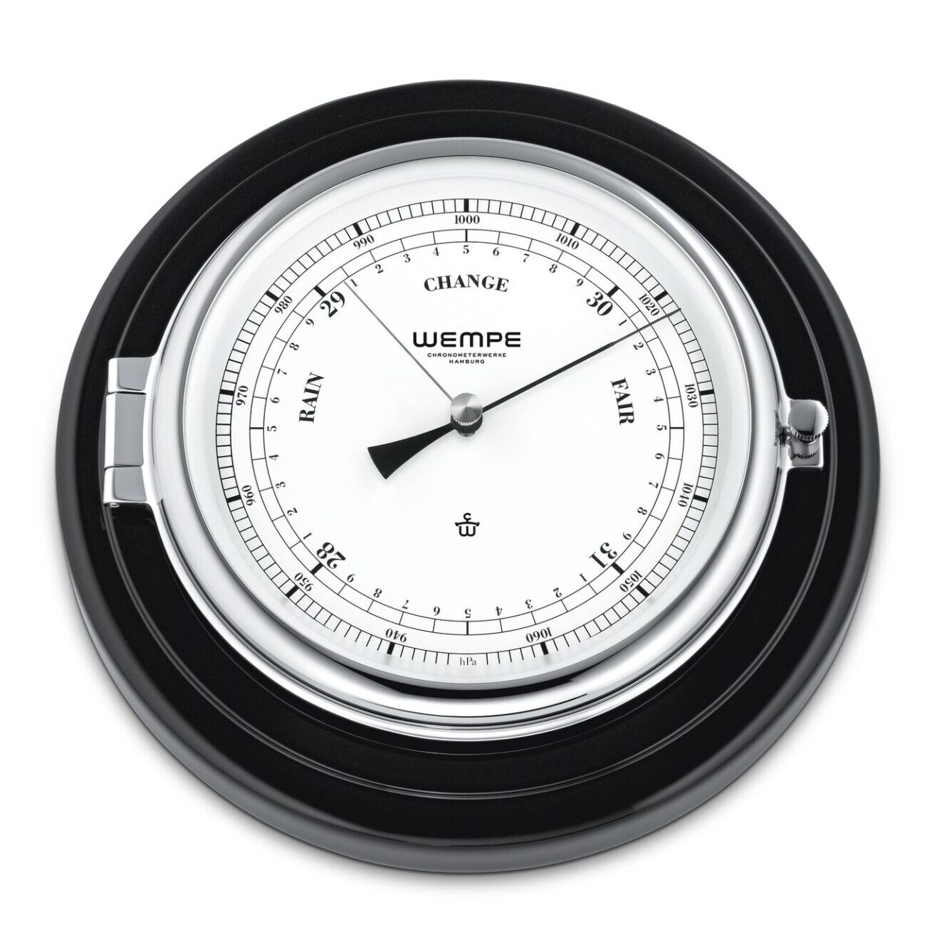 Wempe Skipper – Barometer 210 mm i krom-belagt messing på sort pianolakkert treplate