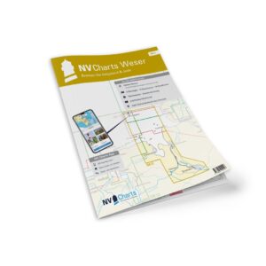 Mockup av NV Charts DE12 sjøkart for Nordsjøen fra Weser og Bremen til Helgoland & Jade, kombi papir og digital