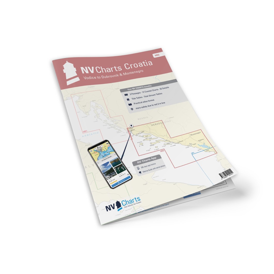 Mockup av NV Charts Croatia HR2 sjøkart for Vodice til Dubrovnik og Montenegro