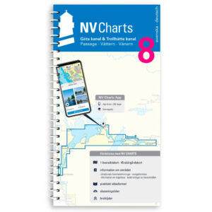 Mockup av NV Charts Binnenband 8 sjøkart for Göta-kanal og Trollhätte-kanal i Sverige, kombi papir og digital