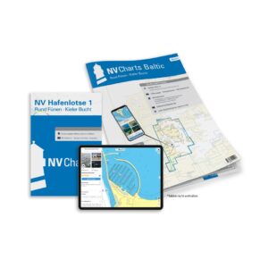 Mockup av NV Charts Baltic Region 1 sjøkart for Nord-Tyskland og Sør-Danmark, kombi papir og digital