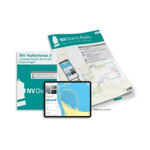 Mockup av NV Charts Baltic Region 2 sjøkart for Lübecker Bucht, Bornholm og København, kombi papir og digital