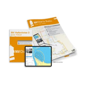 Mockup av NV Charts Baltic Region 3 sjøkart for Samsø, Sund og Kattegat, kombi papir og digital